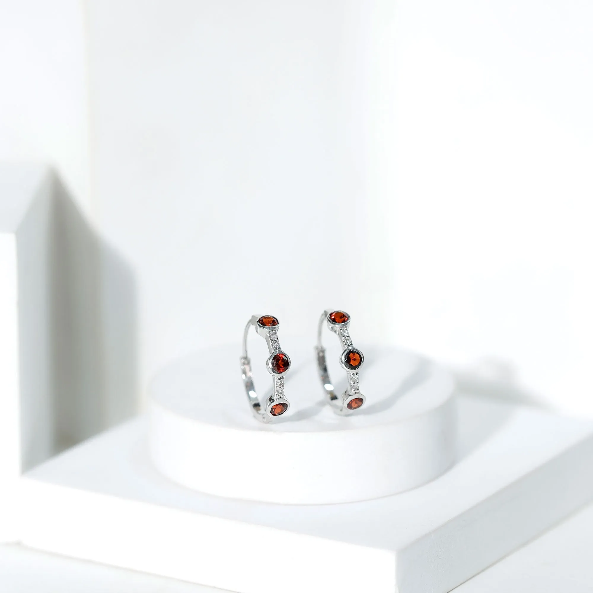 1 CT Bezel Set Garnet and Diamond Hinged Hoop Earrings