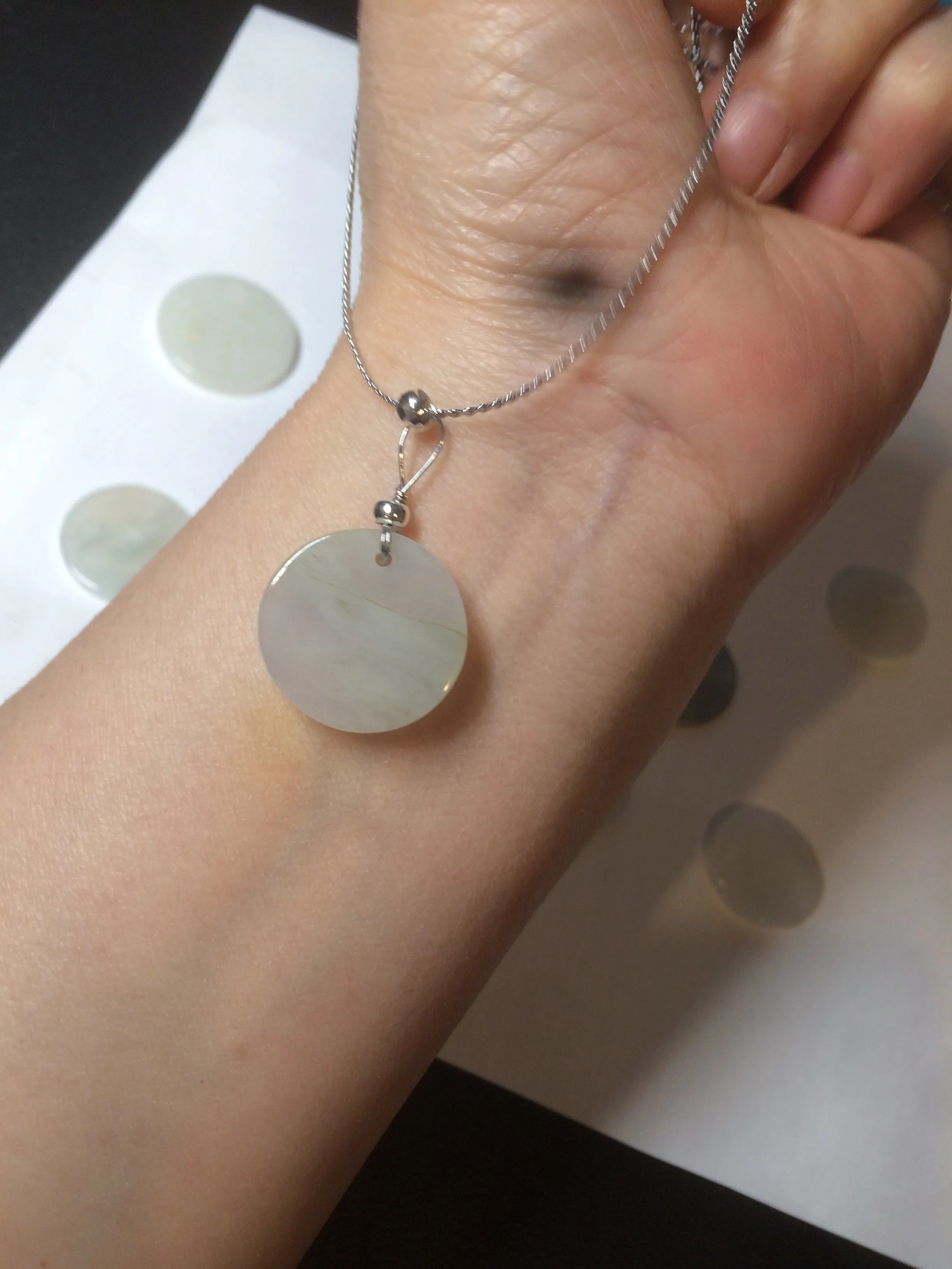 100% Natural icy watery white/light green jadeite Jade round disc Pendant/worry stone BF99