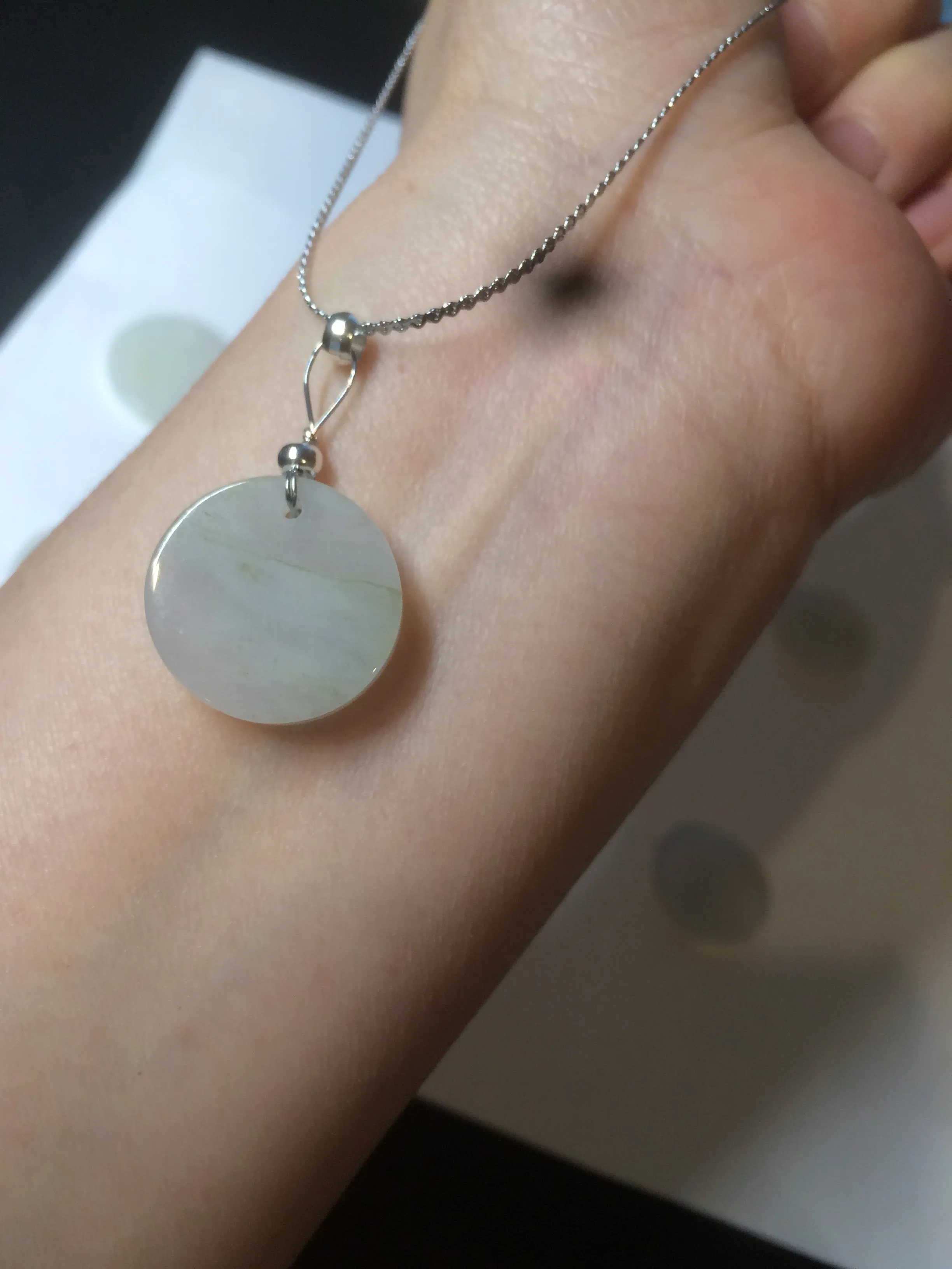 100% Natural icy watery white/light green jadeite Jade round disc Pendant/worry stone BF99