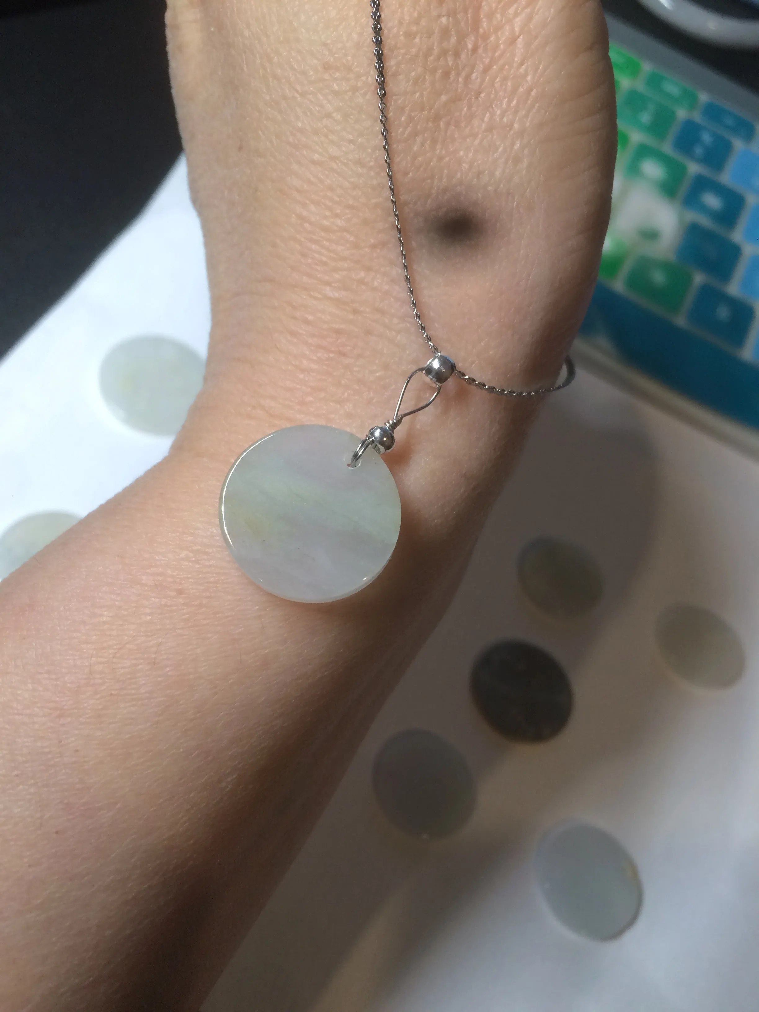 100% Natural icy watery white/light green jadeite Jade round disc Pendant/worry stone BF99