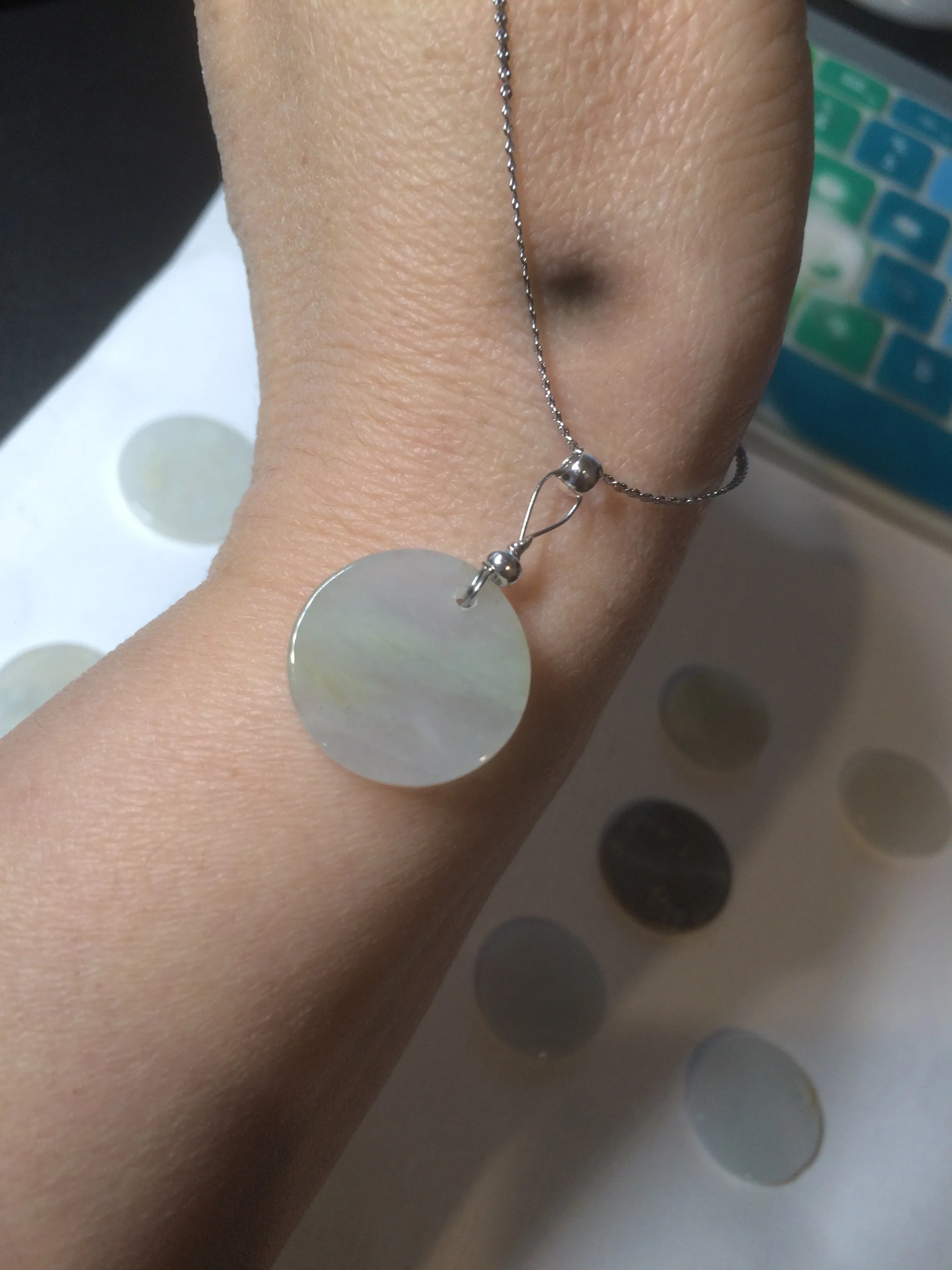 100% Natural icy watery white/light green jadeite Jade round disc Pendant/worry stone BF99