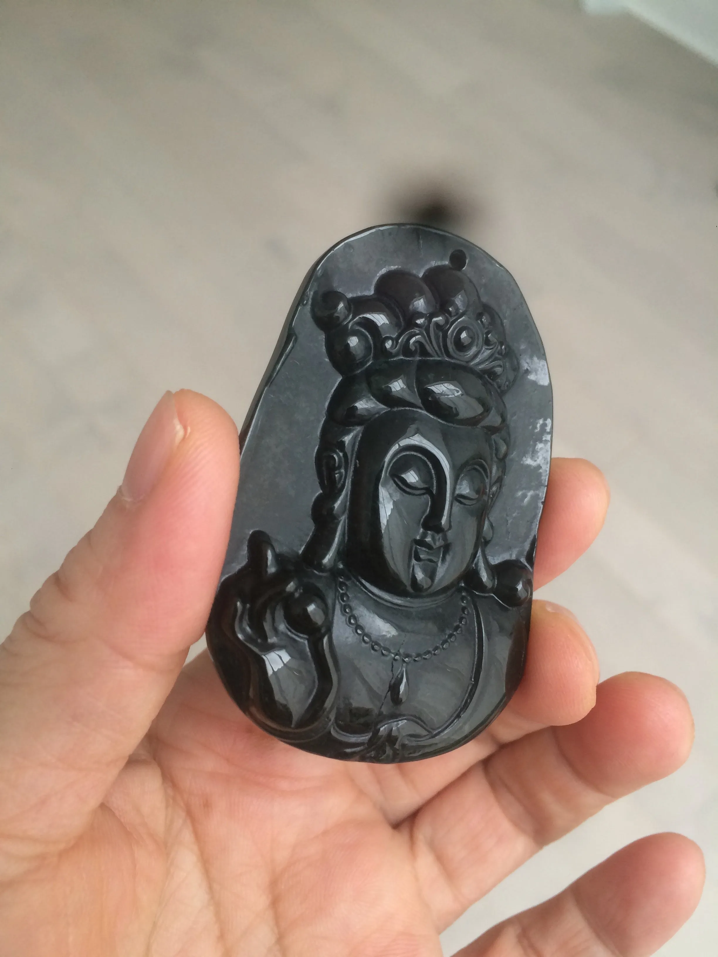 100% Natural type A black jadeite jade(墨翠， mocui) Guanyin pendant BG31-2