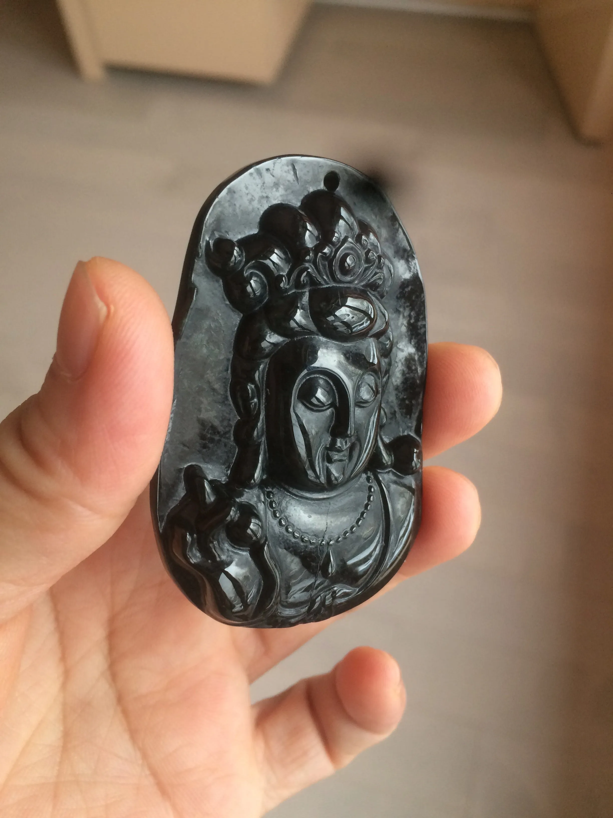 100% Natural type A black jadeite jade(墨翠， mocui) Guanyin pendant BG31-2