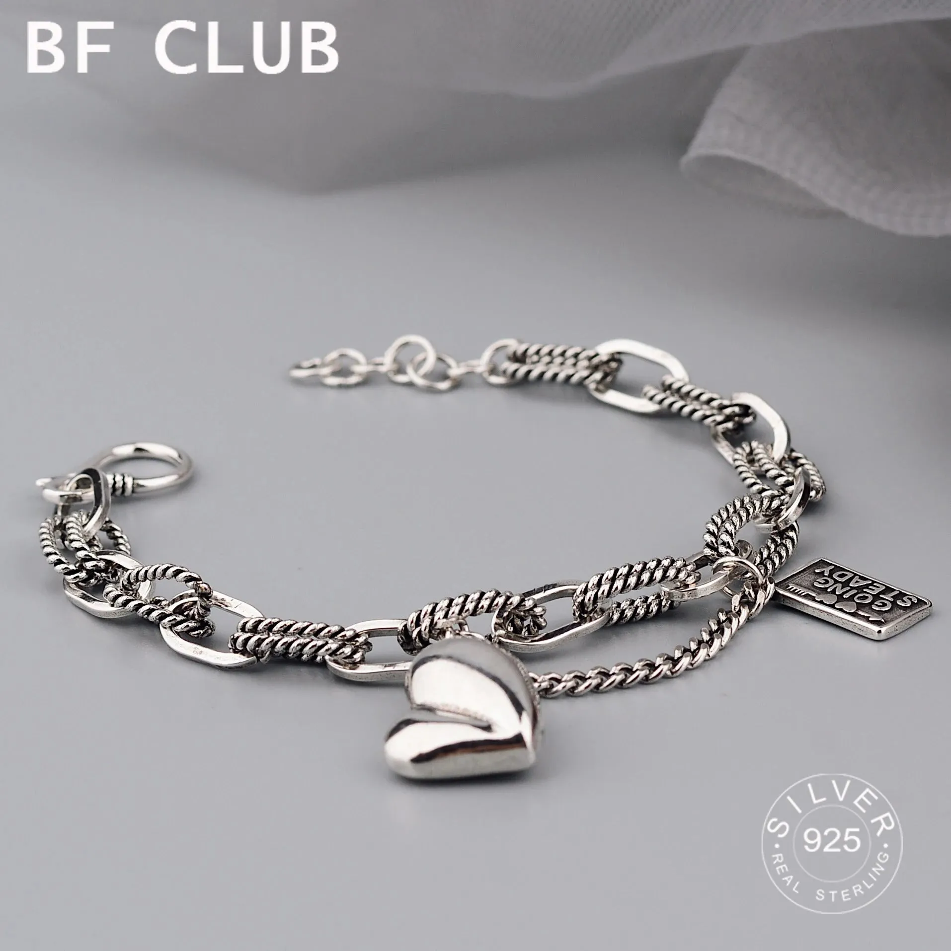 100% Solid 925 Sterling Silver Hiphop Thick Heart Bracelet for Women Men Vintage Handmade Hasp Bracelet Birthday Gift