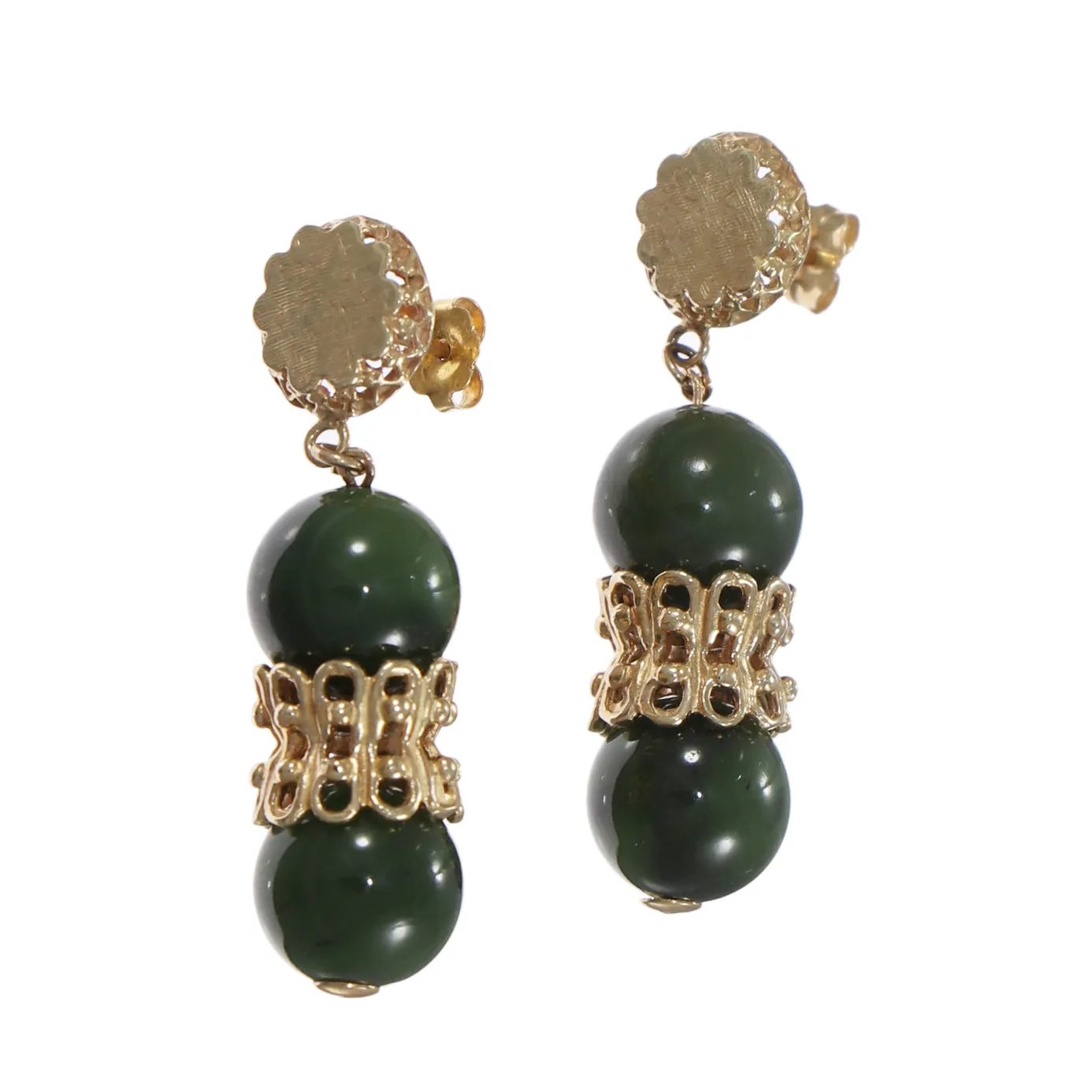 10mm Green Jade Jadeite Drop Dangle Earrings Solid 14k Yellow Gold 11.6g