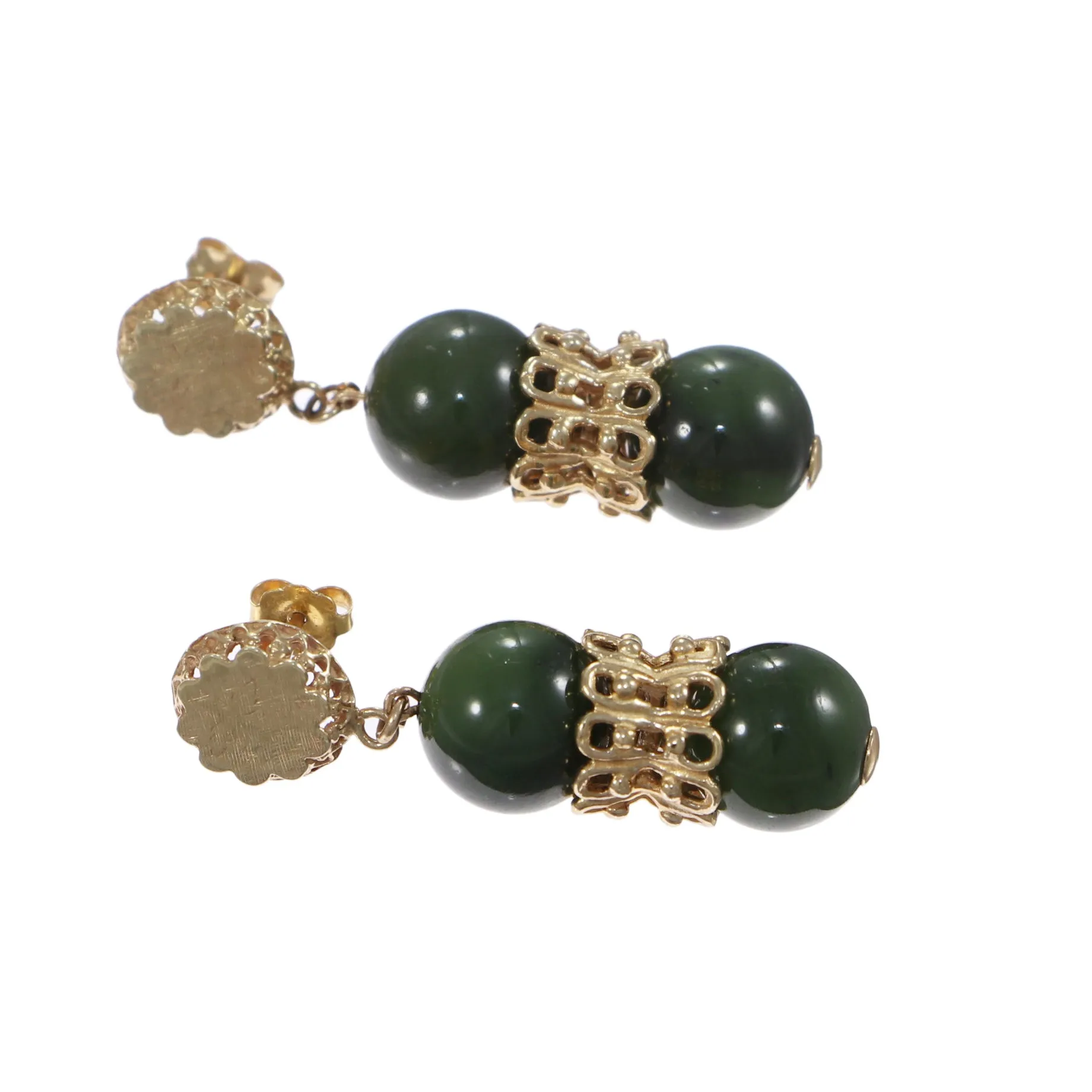 10mm Green Jade Jadeite Drop Dangle Earrings Solid 14k Yellow Gold 11.6g