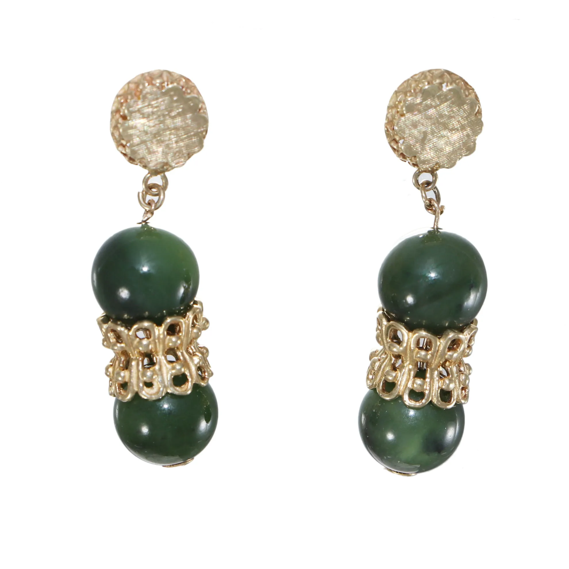 10mm Green Jade Jadeite Drop Dangle Earrings Solid 14k Yellow Gold 11.6g