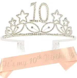 10th Birthday Gifts for Girl, Birthday Tiara and Sash Silver, HAPPY 10th Birthday Party