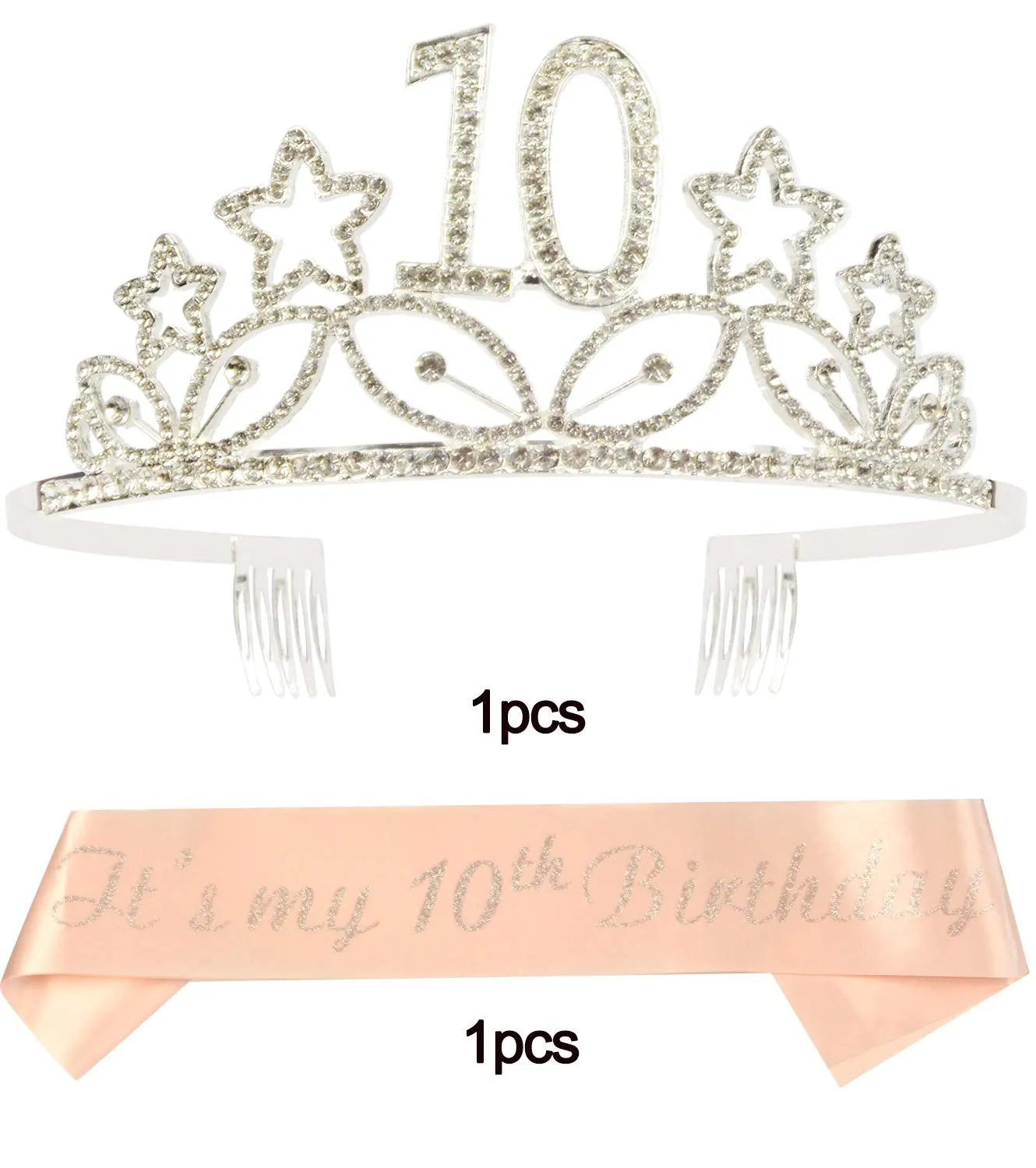 10th Birthday Gifts for Girl, Birthday Tiara and Sash Silver, HAPPY 10th Birthday Party