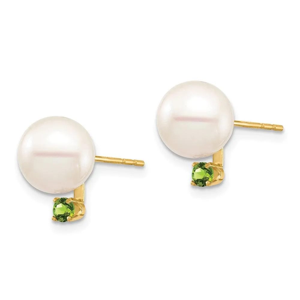 14K 8-8.5mm White Round Freshwater Cultured Pearl Peridot Post Earrings