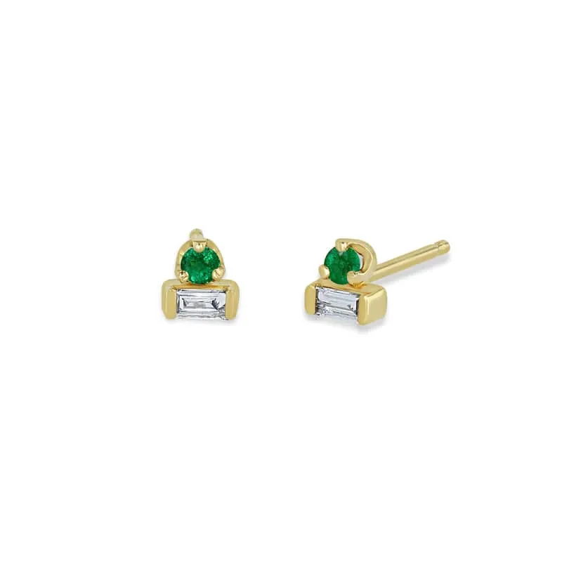 14k Baguette Diamond & Prong Emerald Stacked Studs