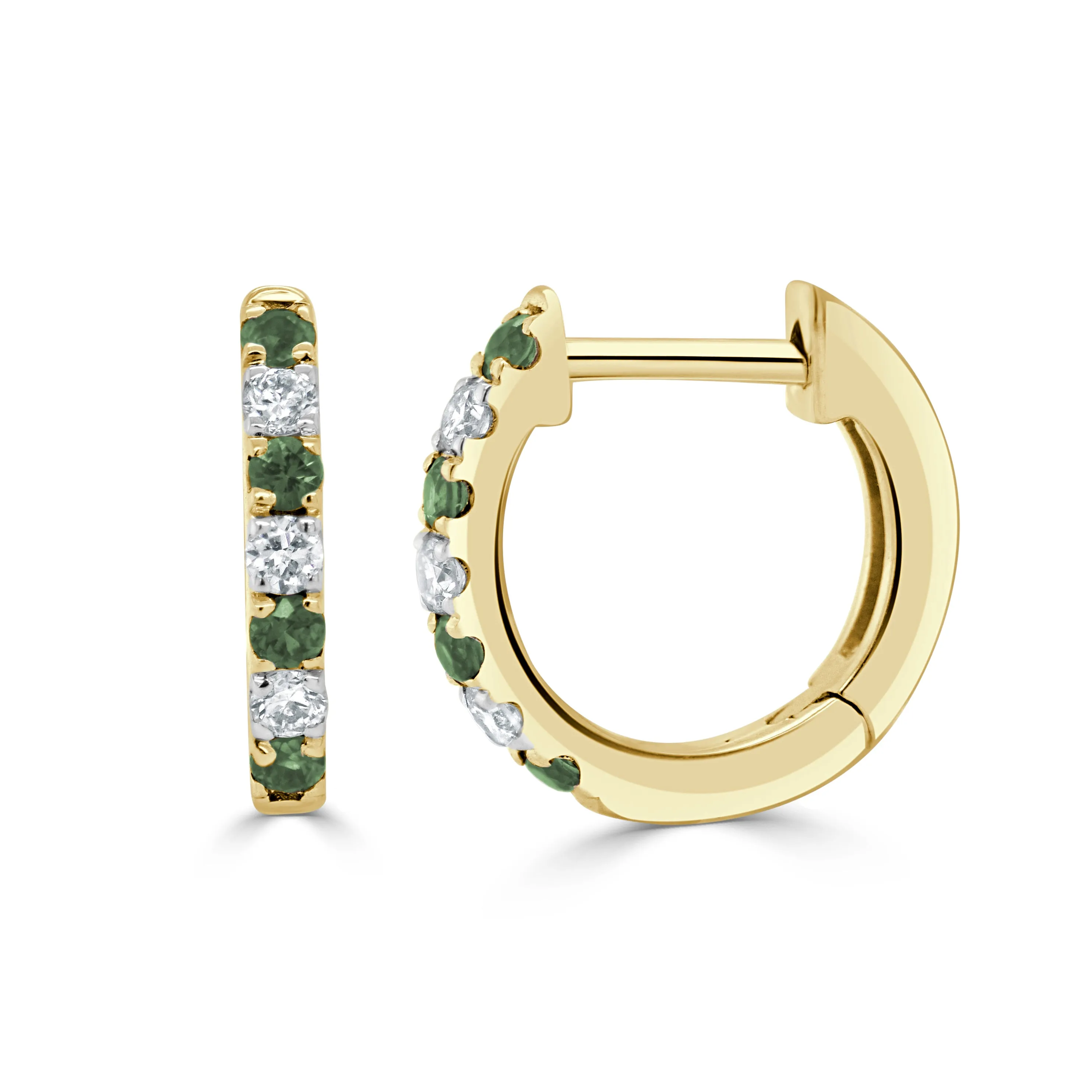 14K Gold Emerald & Diamond Alternating Huggie Earrings