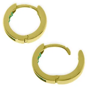 14K Solid Yellow Gold Hoop Huggie Earrings w/ Emeralds