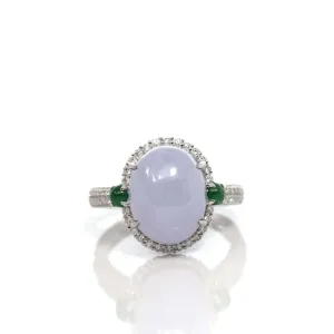 14k White Gold Natural Rich Lavender Oval Jadeite Jade Engagement Ring With Diamonds