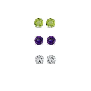 14k White Gold Plated 1/2Ct Created Peridot, Amethyst and White Sapphire 3 Pair Round Stud Earrings