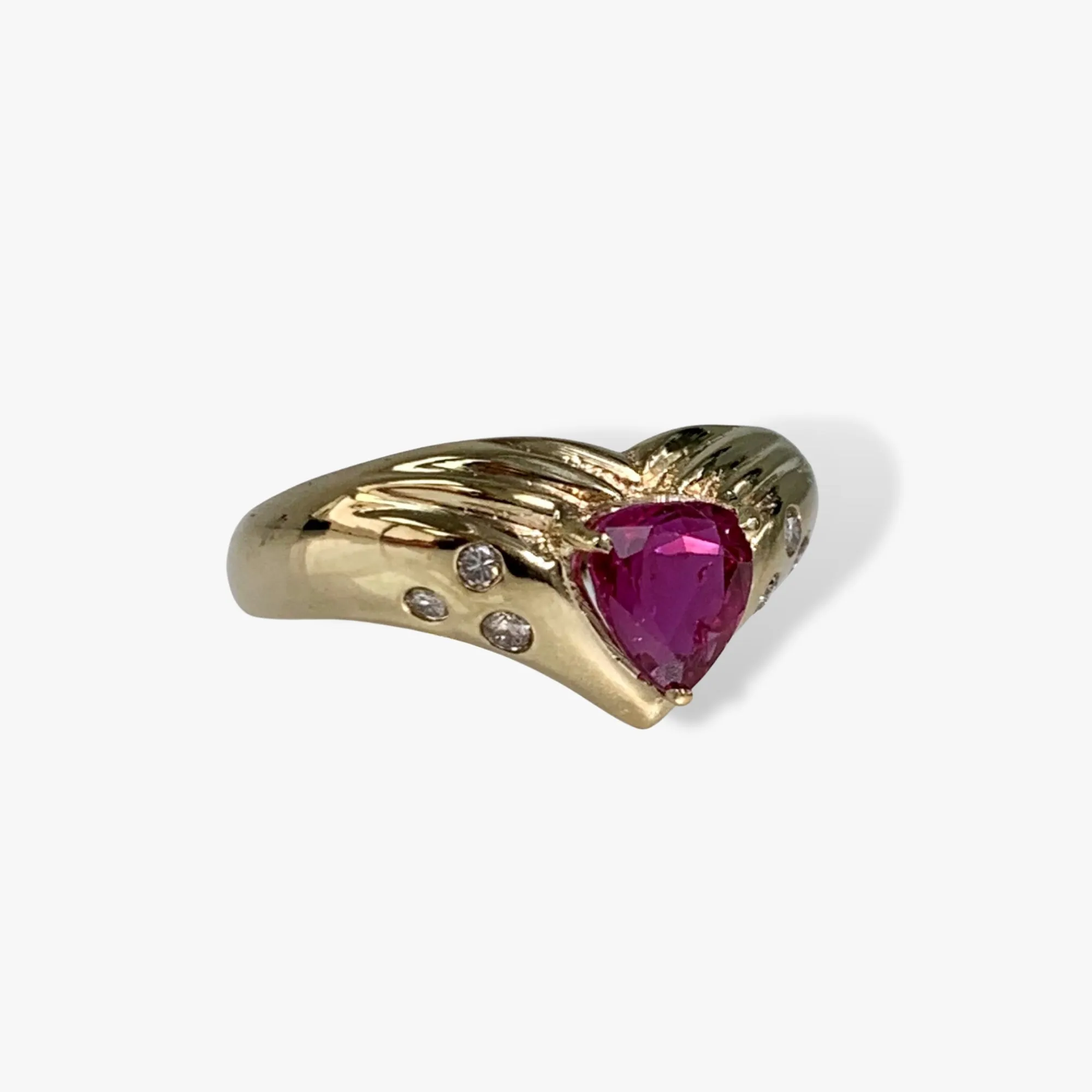 14k Yellow Gold Trillion Cut Ruby and Diamond Vintage Signet Ring