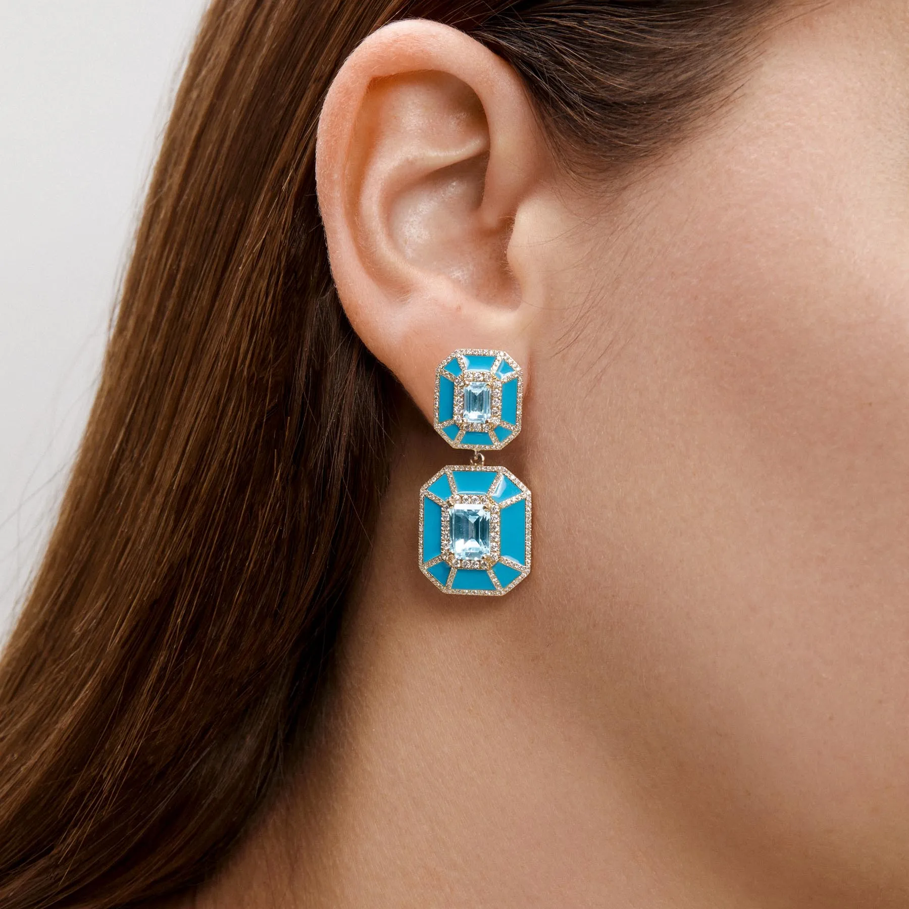 14KT Yellow Gold Blue Topaz Turquoise Enamel Diamond Deco Earrings