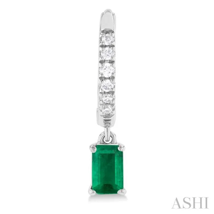 1/8 ctw Petite 5X3MM Emerald Drop and Round Cut Diamond Precious Fashion Huggies in 10K White Gold