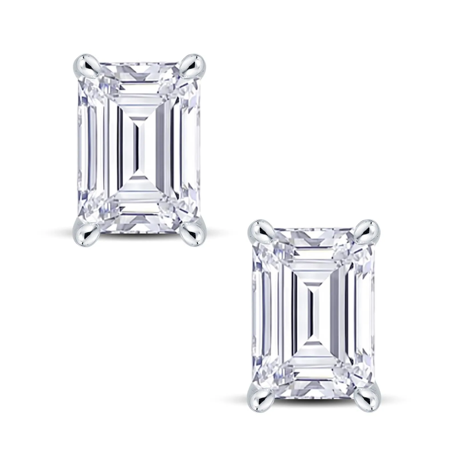 18ct White Gold Emerald Cut Diamond Four Claw Stud Earrings