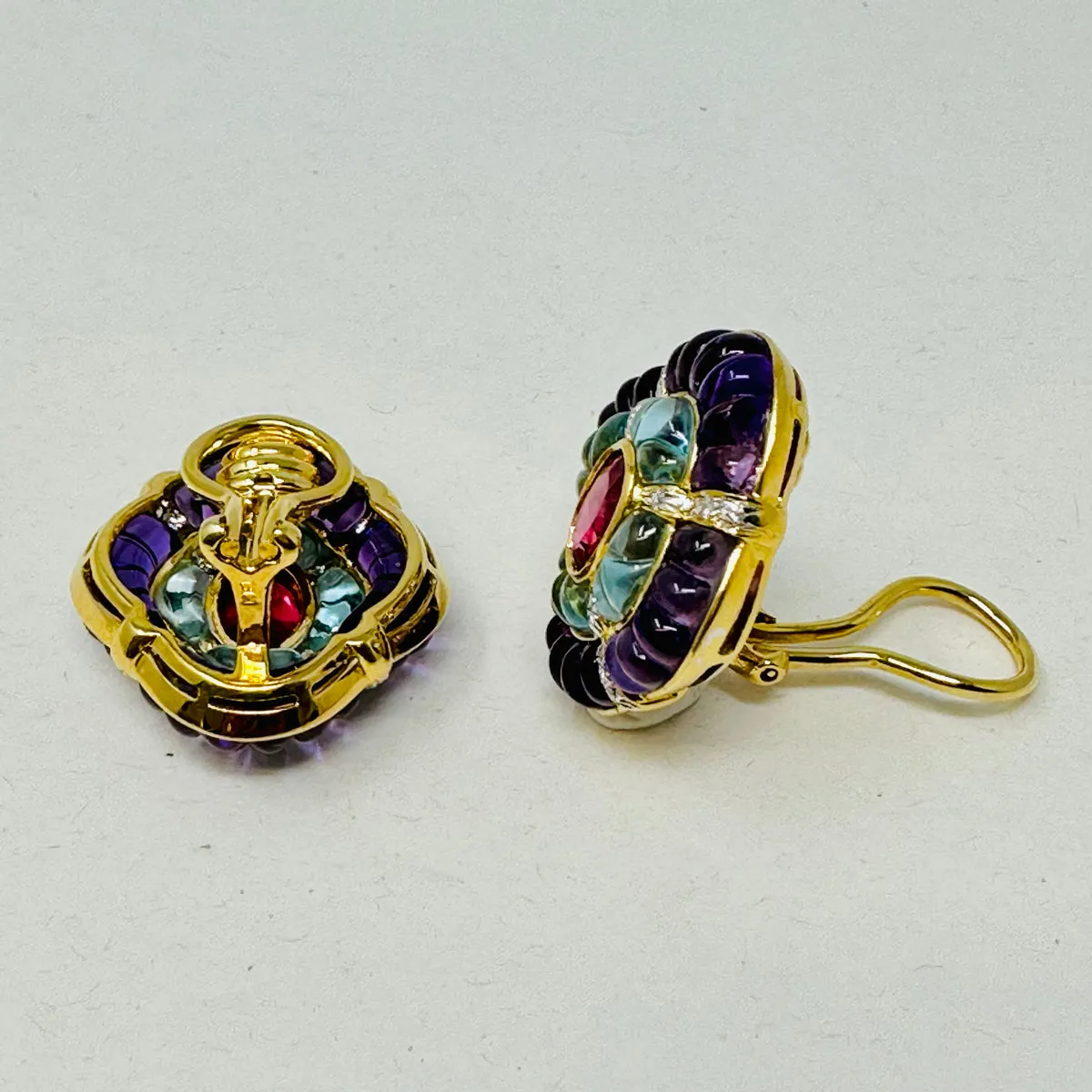 18K Gold Clip-on Earrings with Amethyst, Blue Topaz and Diamonds