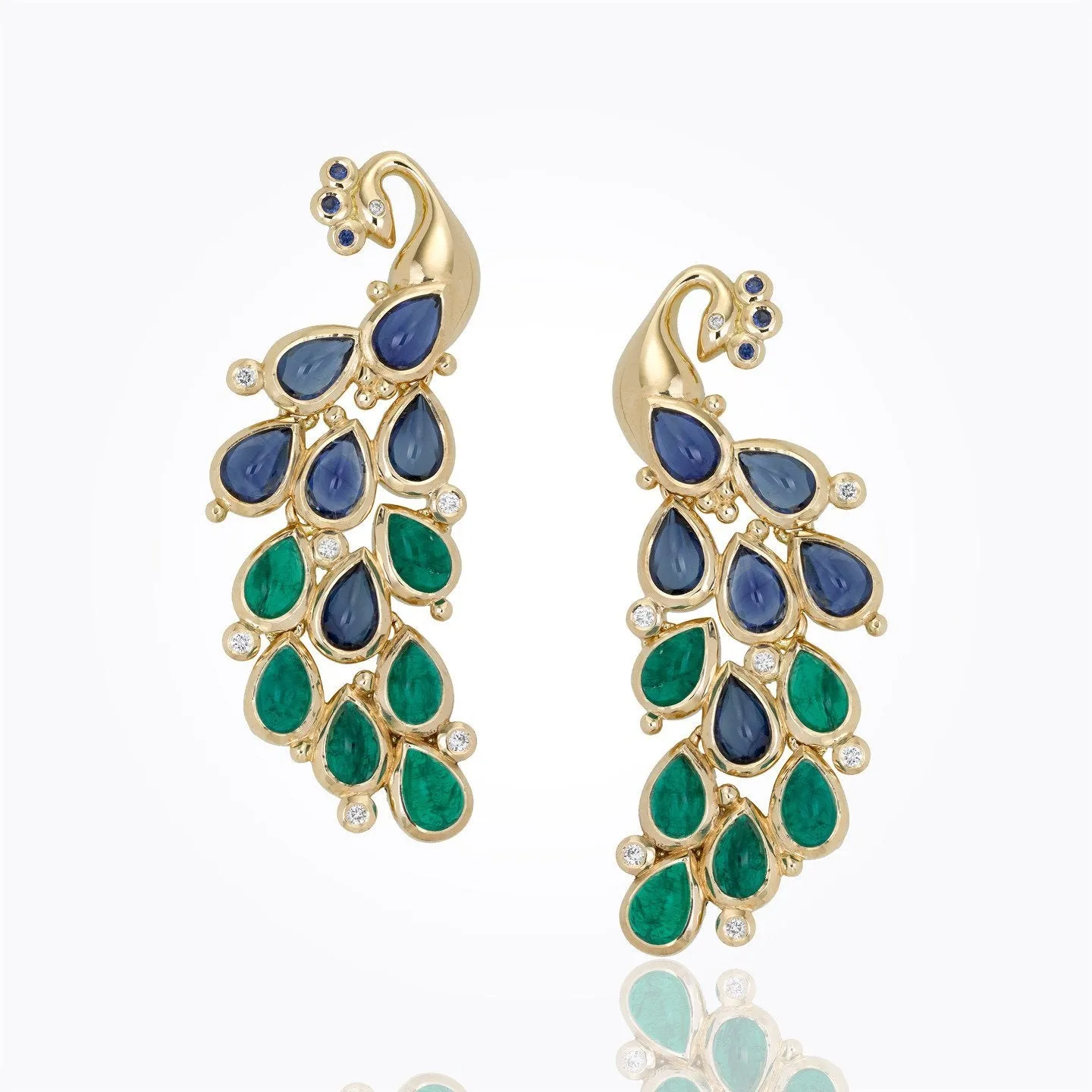 18K Peacock Earrings with blue sapphire, emerald and diamond