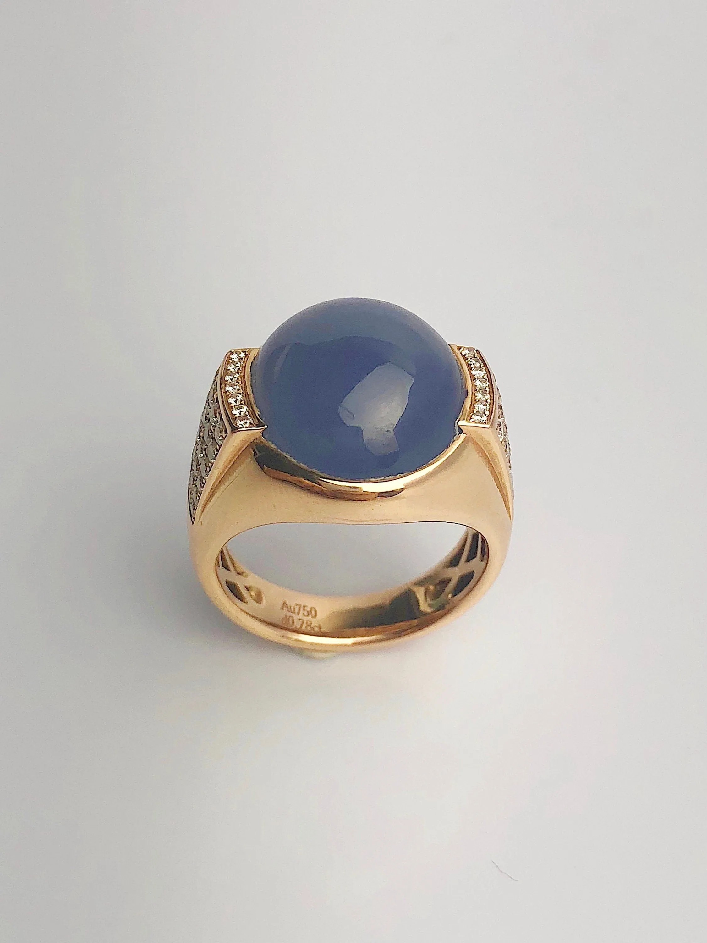 18K Rose Gold - Natural Blue Jade - Statement Ring - Size 9.5 - Handmade