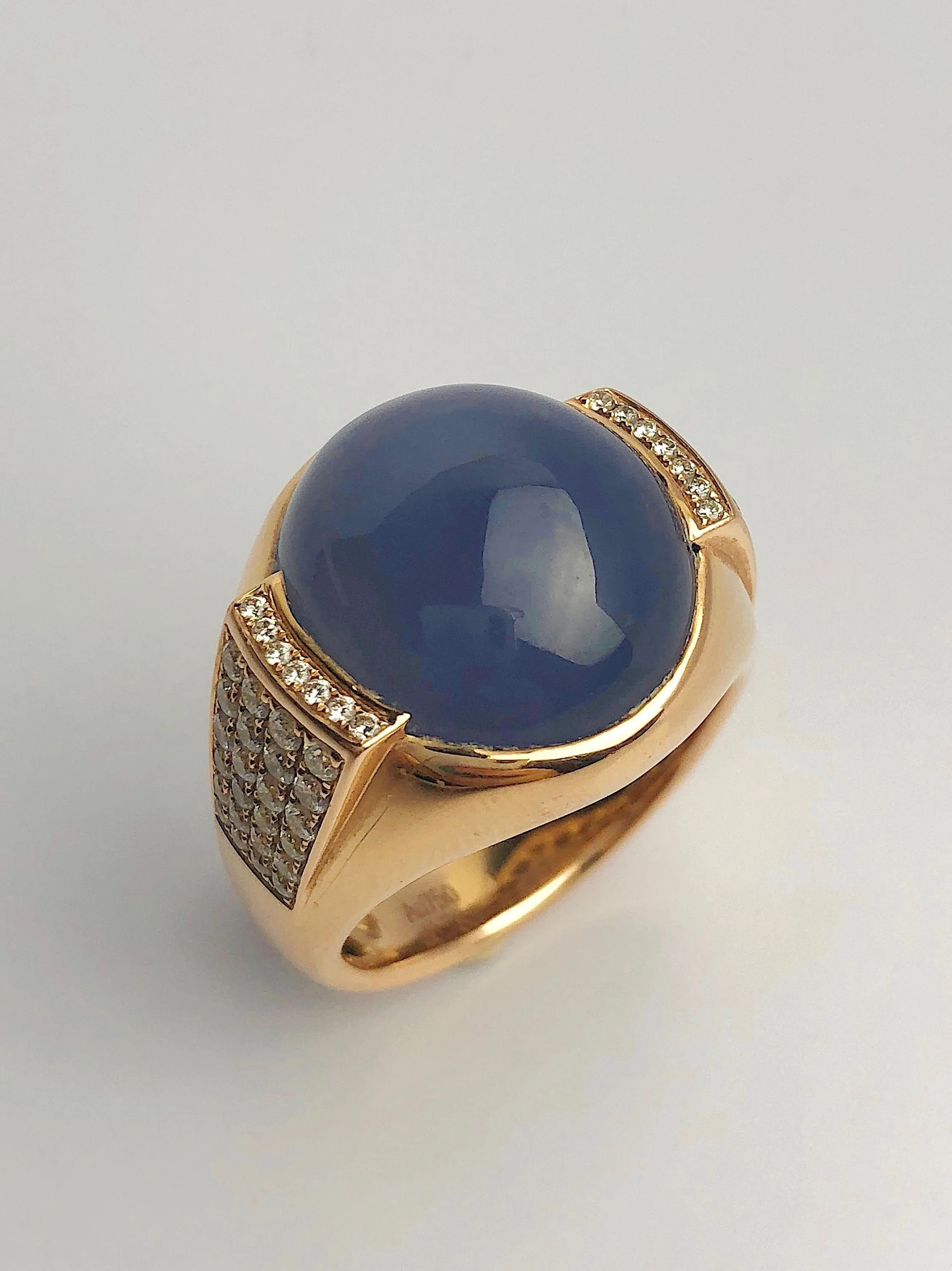 18K Rose Gold - Natural Blue Jade - Statement Ring - Size 9.5 - Handmade