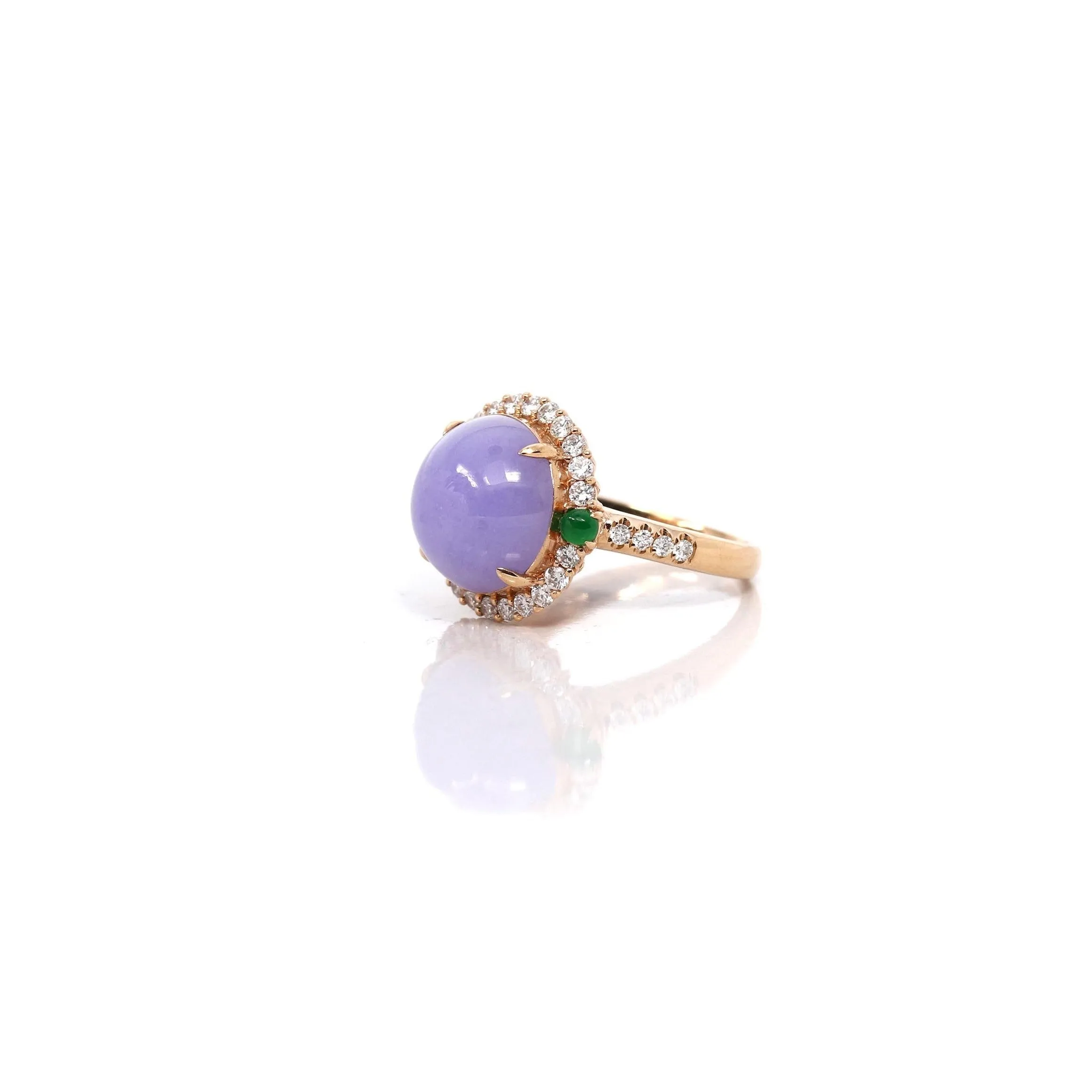 18k Rose Gold Natural Rich Lavender Oval Jadeite Jade Engagement Ring With Diamonds