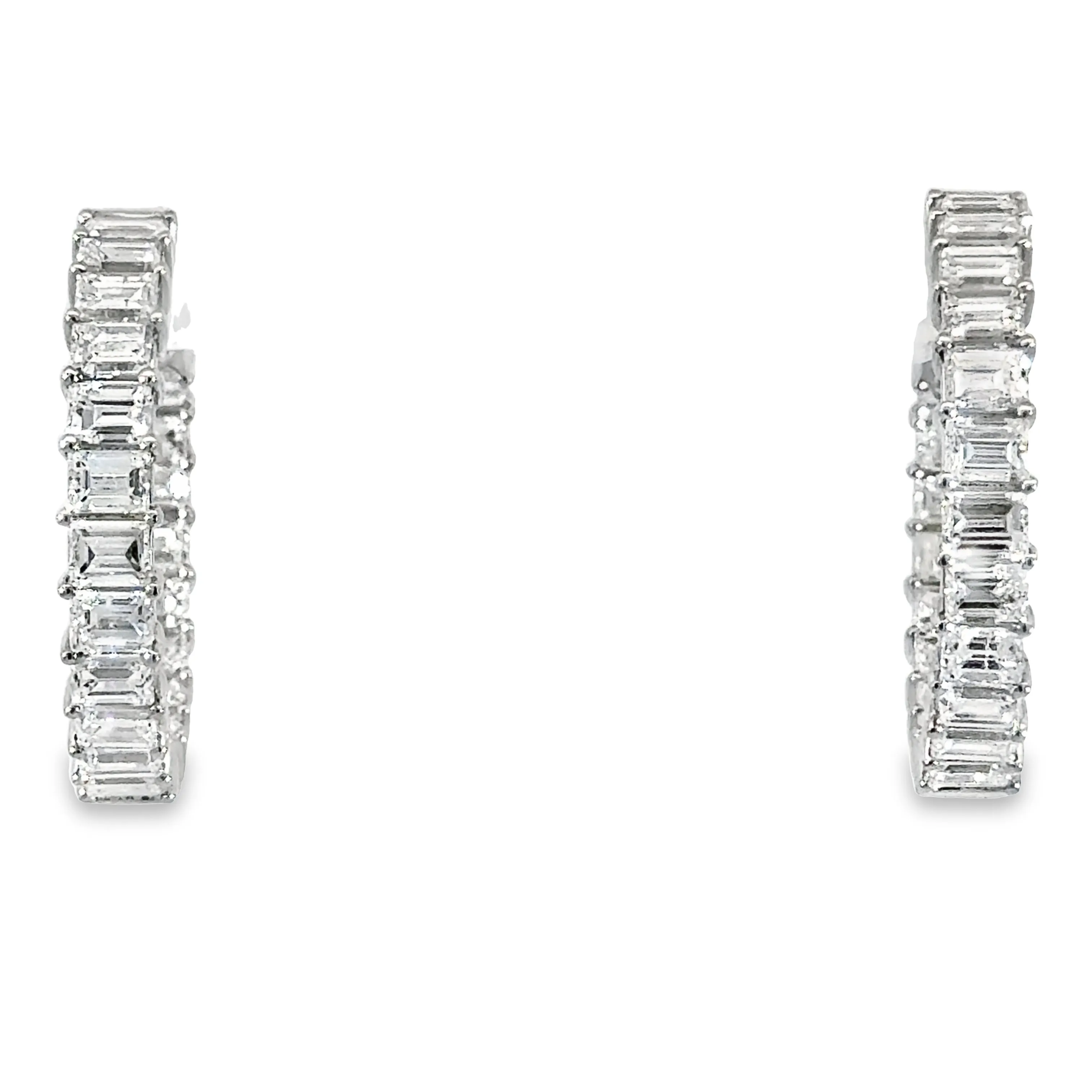 18K White Gold 5.40CTW  Emerald Cut Diamond In & Out Hoop Earrings