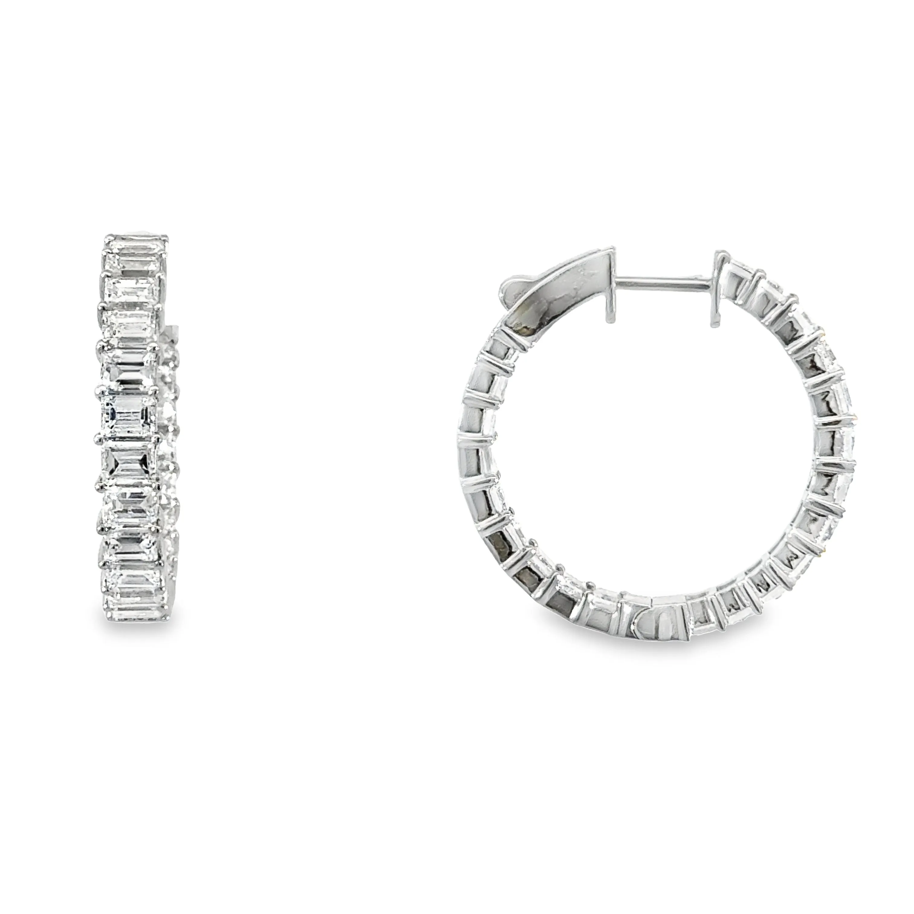 18K White Gold 5.40CTW  Emerald Cut Diamond In & Out Hoop Earrings