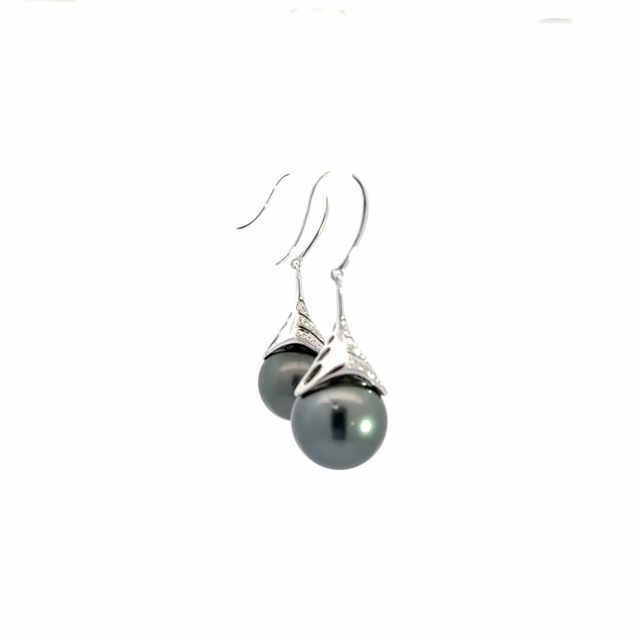 18k White Gold Black Tahitian Cultured Pearl Dangle Earrings