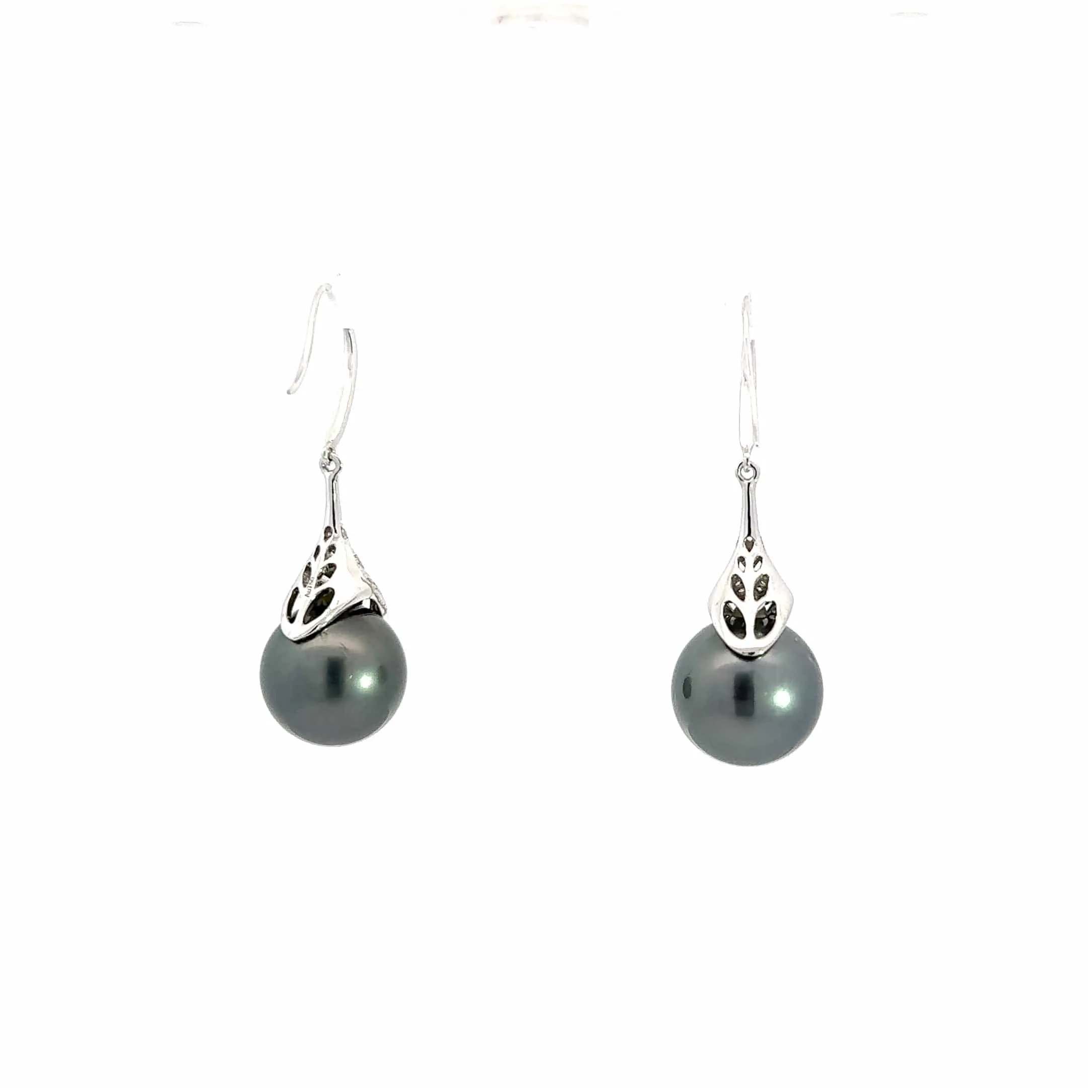 18k White Gold Black Tahitian Cultured Pearl Dangle Earrings