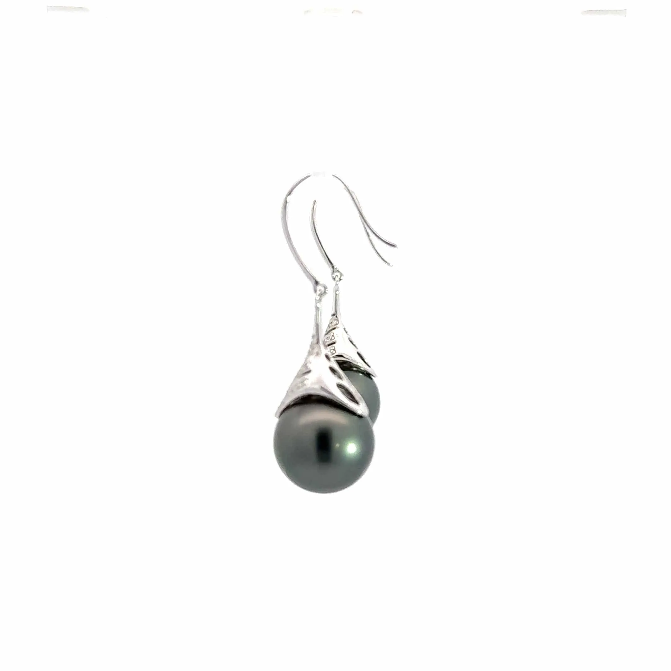 18k White Gold Black Tahitian Cultured Pearl Dangle Earrings