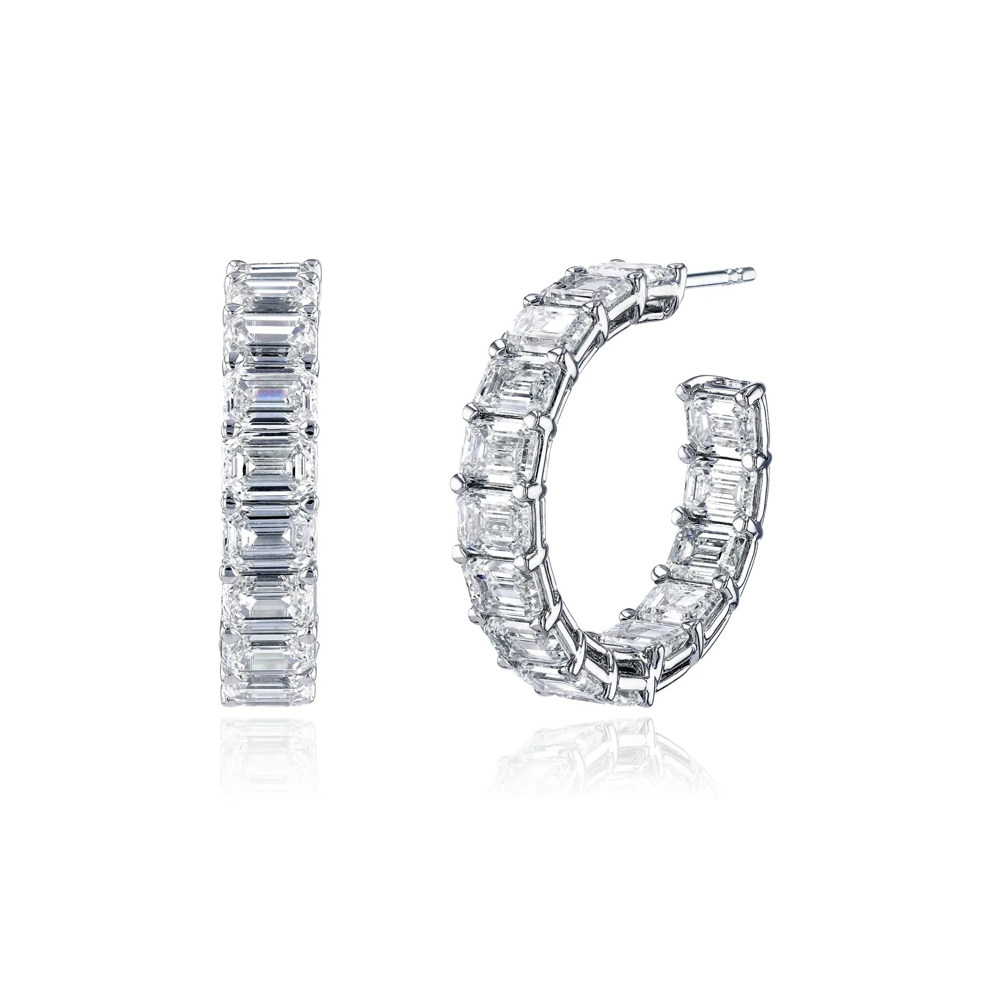 18K WHITE GOLD EMERALD-CUT DIAMOND HOOPS - 6.18CTW