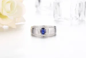 18k White Gold Natural 0.5 ct Sapphire Men's Halo Ring with Diamonds