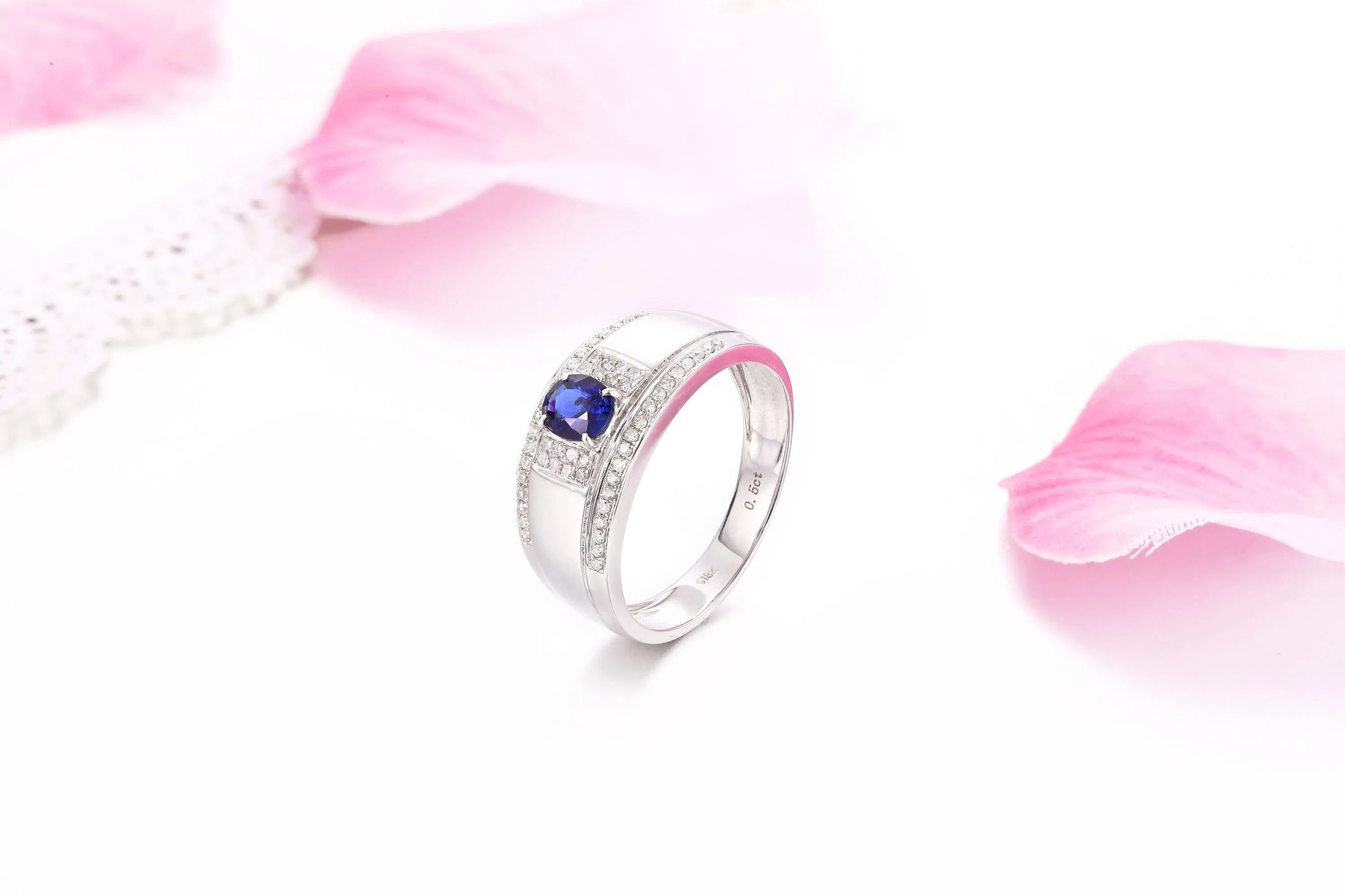 18k White Gold Natural 0.5 ct Sapphire Men's Halo Ring with Diamonds