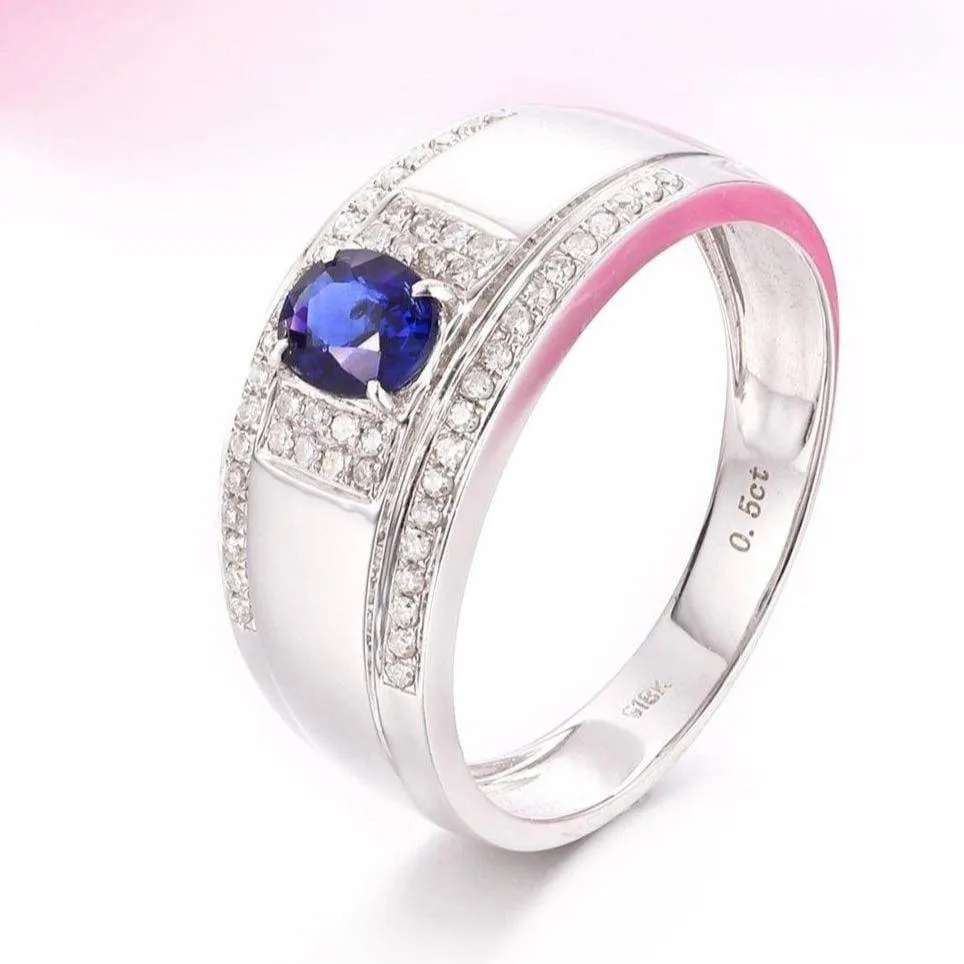 18k White Gold Natural 0.5 ct Sapphire Men's Halo Ring with Diamonds