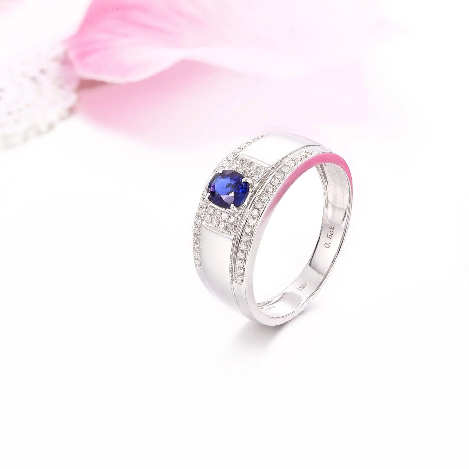 18k White Gold Natural 0.5 ct Sapphire Men's Halo Ring with Diamonds