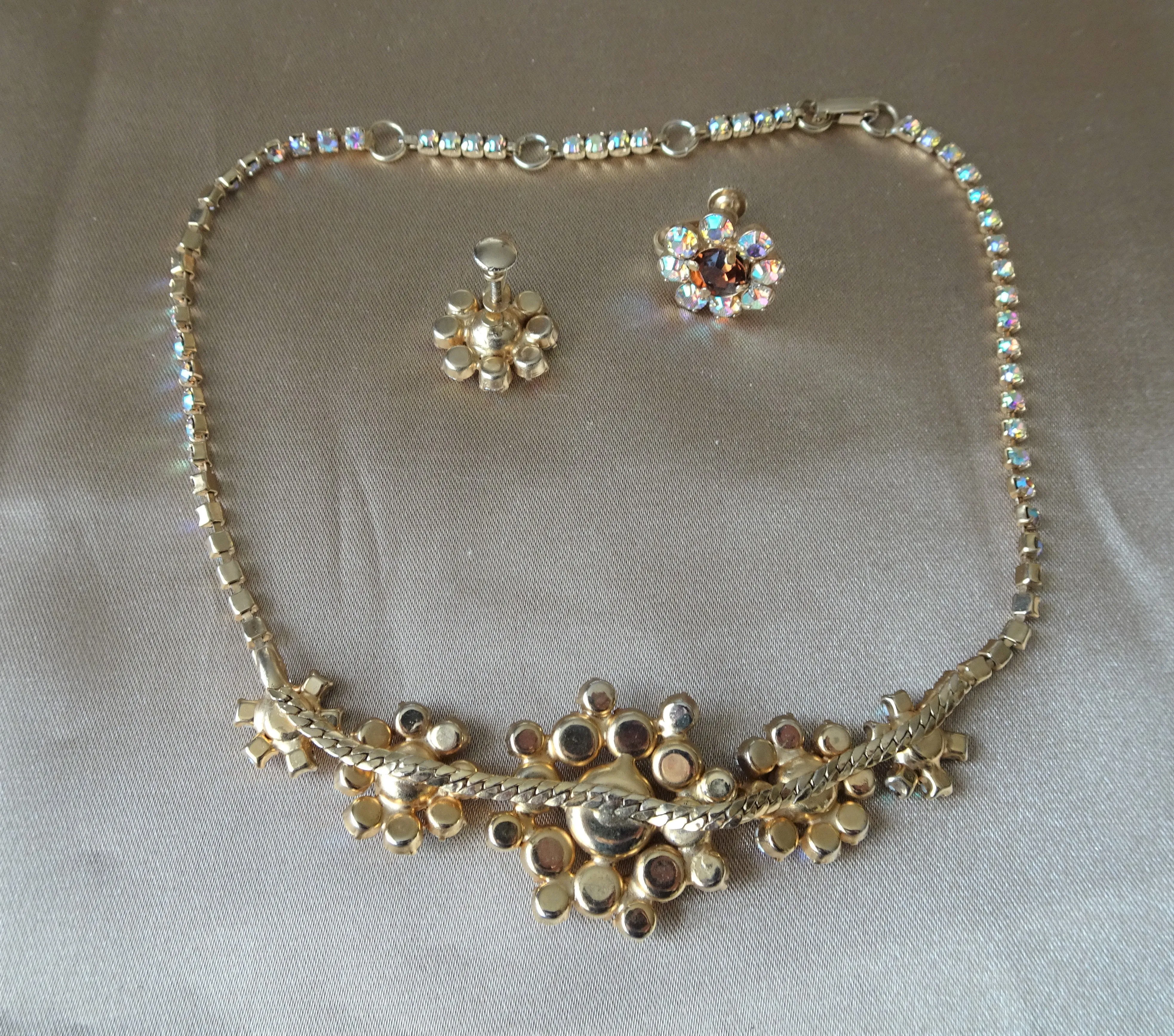 1950s GLAM Sparkling Glass Necklace and Earrings Set,Swarovski Crystals,Topaz,AB Stones,Evening or Bridal Necklace,Vintage Collectible Jewelry