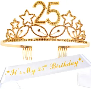 25th Birthday Gifts for Woman, 25th Birthday Tiara and Sash Gold, HAPPY 25th Birthday