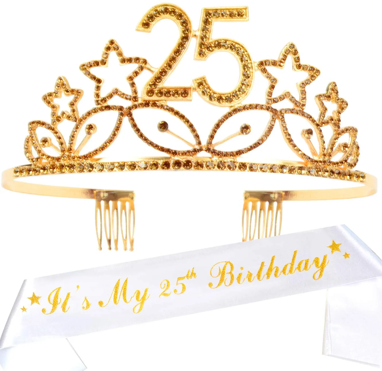 25th Birthday Gifts for Woman, 25th Birthday Tiara and Sash Gold, HAPPY 25th Birthday