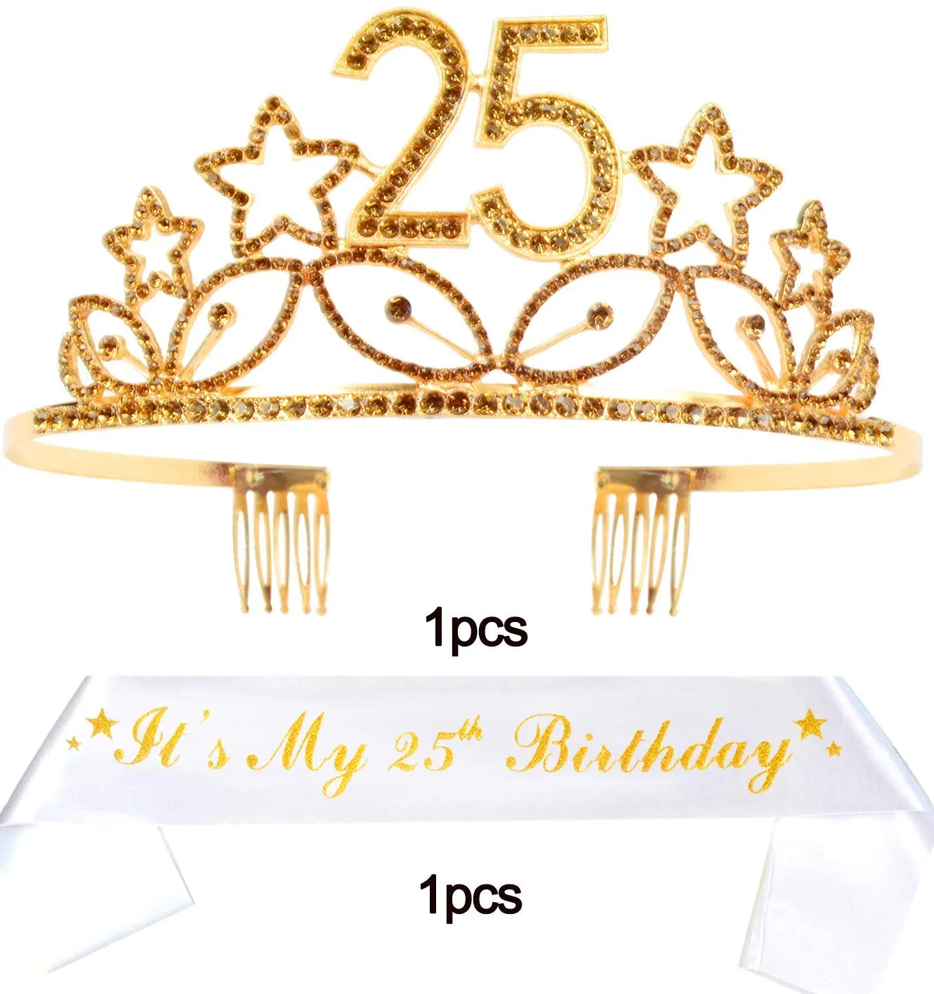 25th Birthday Gifts for Woman, 25th Birthday Tiara and Sash Gold, HAPPY 25th Birthday