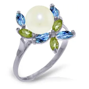 2.63 Carat 14K Solid White Gold Ring Natural Peridot, Blue Topaz Pearl