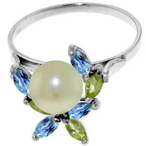 2.63 Carat 14K Solid White Gold Ring Natural Peridot, Blue Topaz Pearl