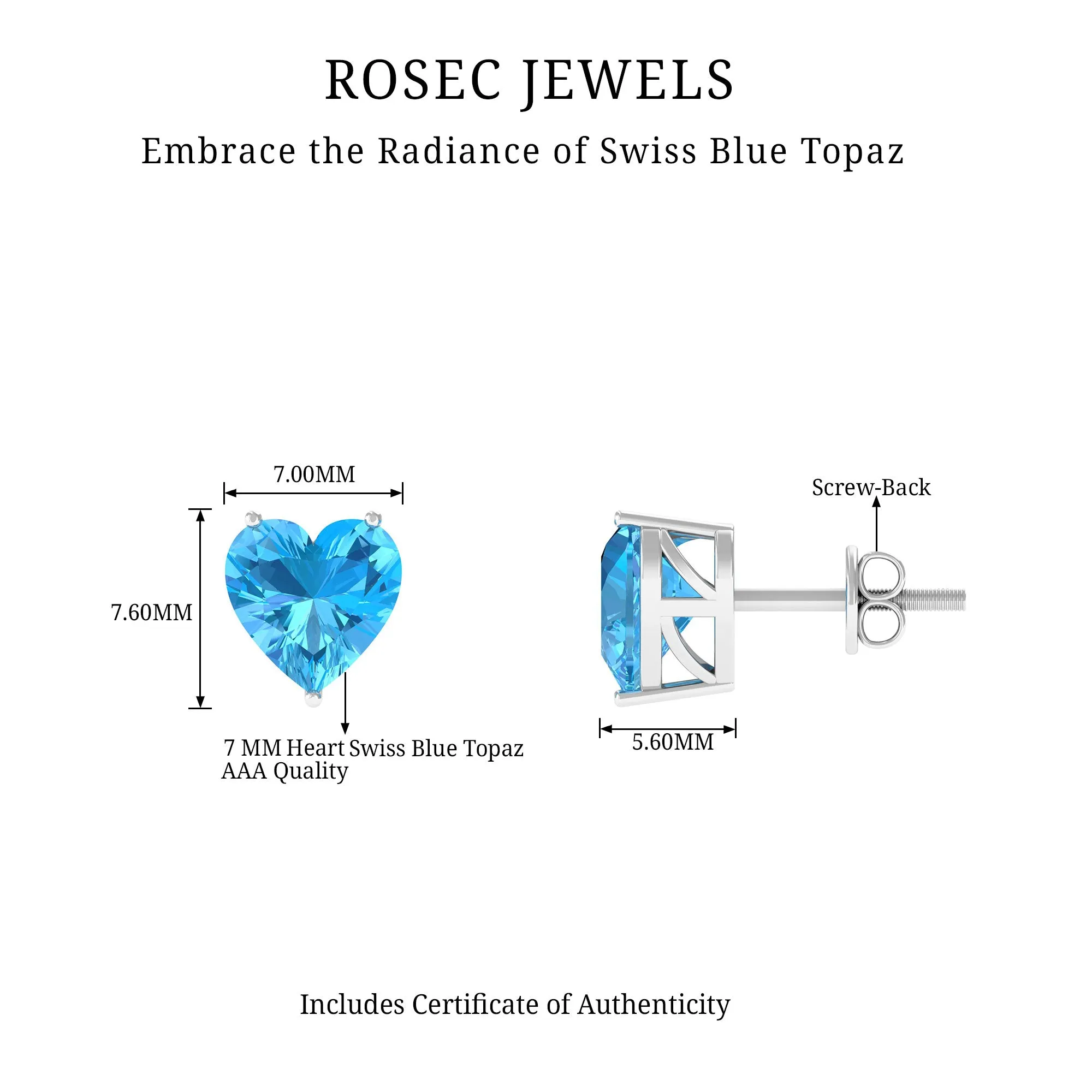 3 CT Heart Shape Swiss Blue Topaz Solitaire Stud Earrings