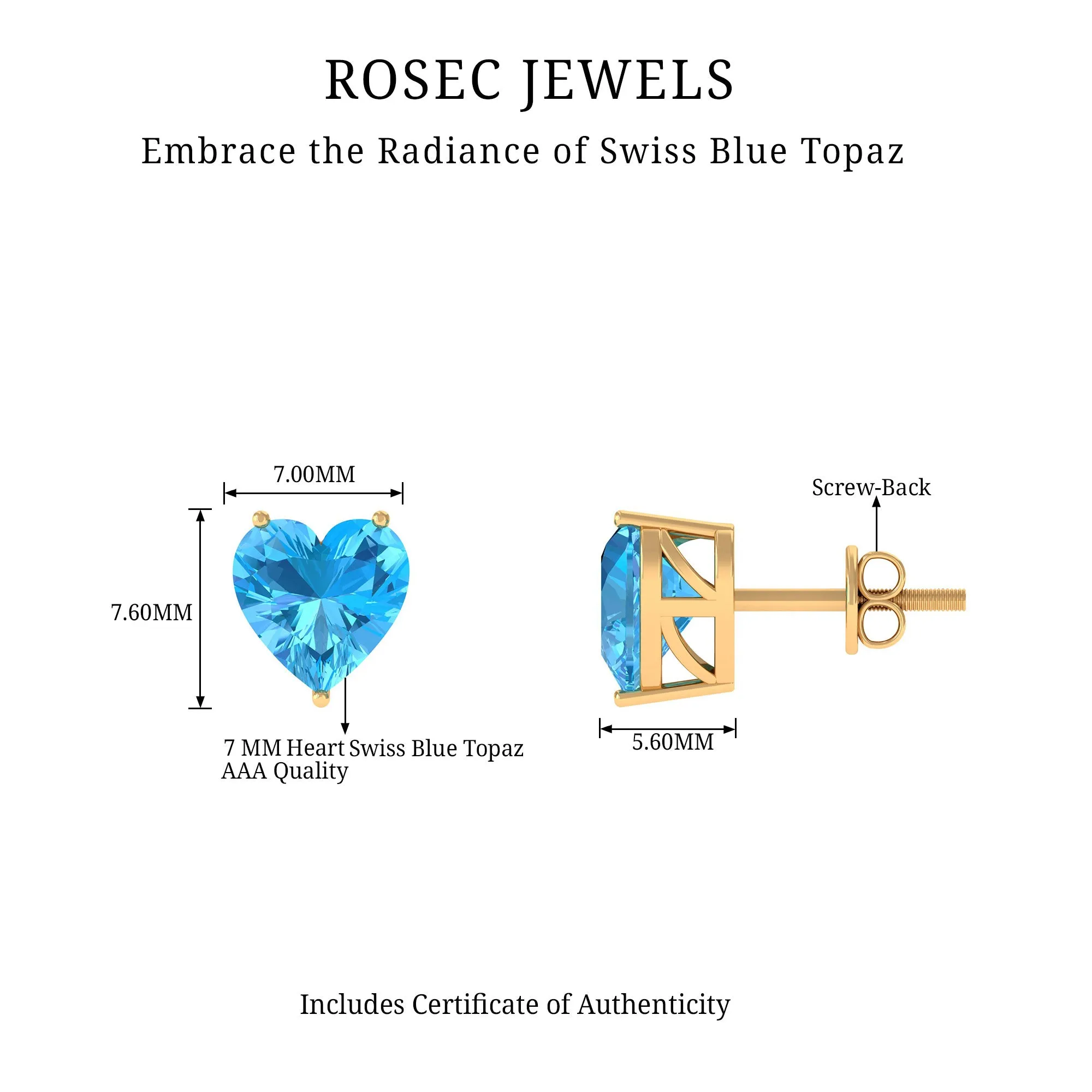 3 CT Heart Shape Swiss Blue Topaz Solitaire Stud Earrings