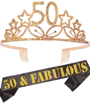 50th Birthday Gifts for Woman,50th Birthday Tiara and Sash,50 Bday Decorations for Women