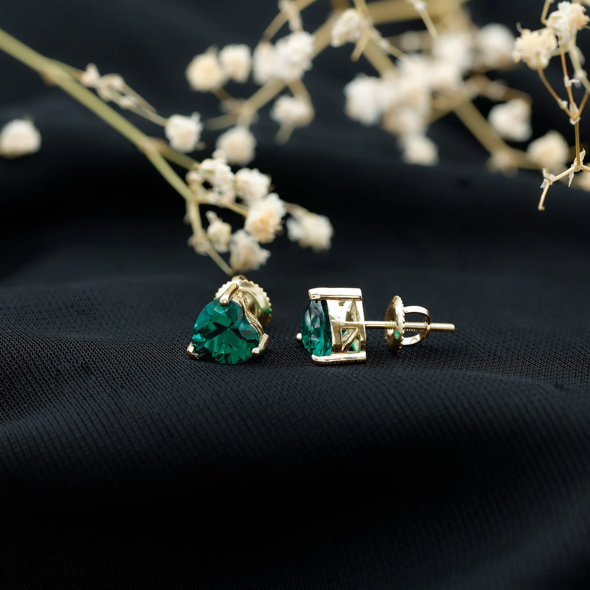 7 MM Heart Shape Created Emerald Solitaire Stud Earrings in Gold