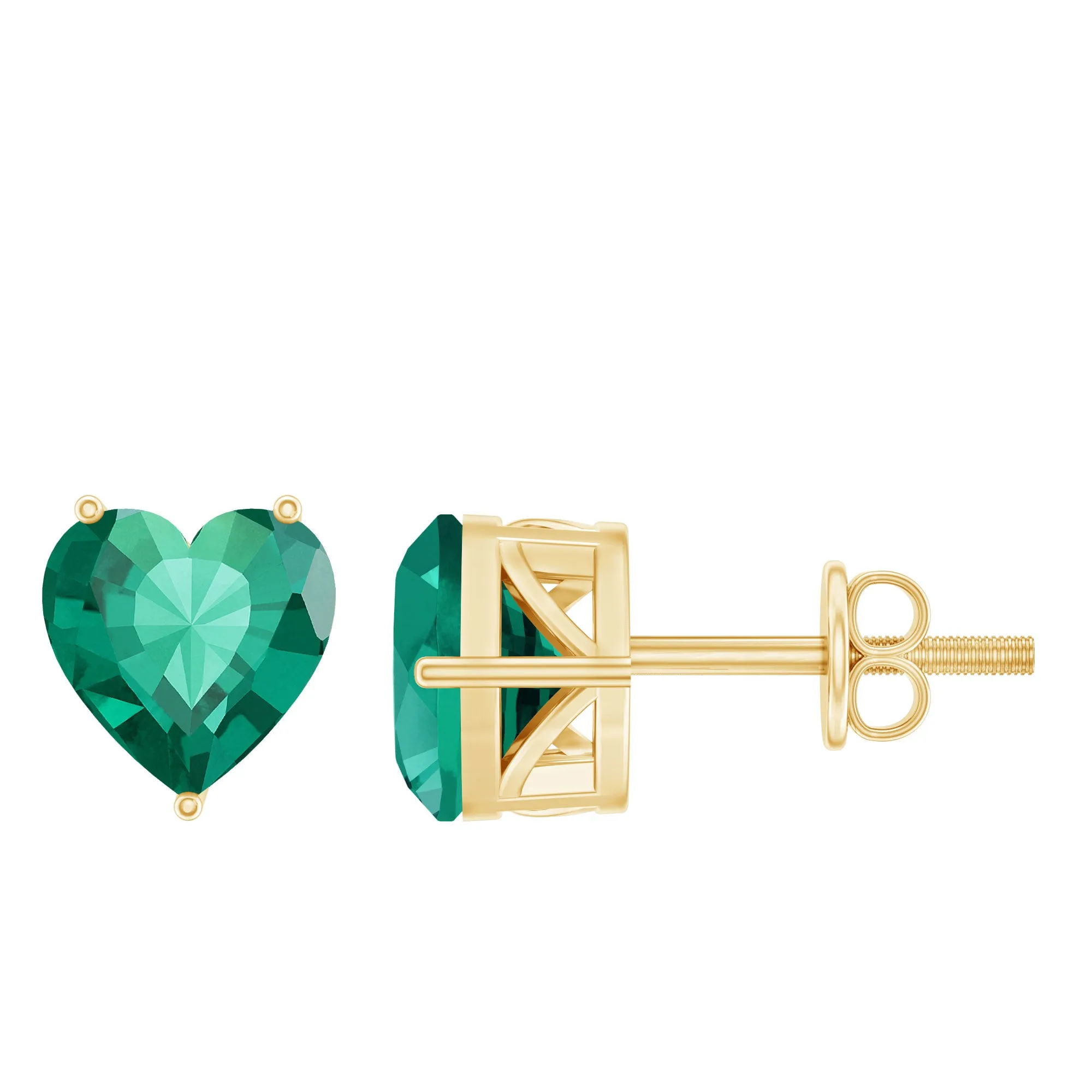 7 MM Heart Shape Created Emerald Solitaire Stud Earrings in Gold