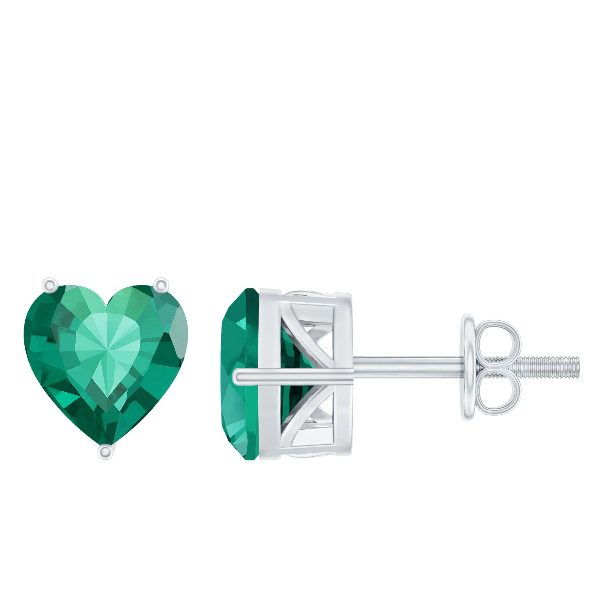 7 MM Heart Shape Created Emerald Solitaire Stud Earrings in Gold